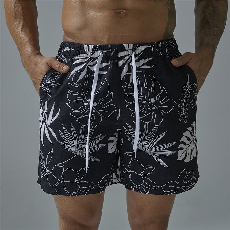 Summer Quick-drying Leaf Pattern Men's Surfing Beach Shorts