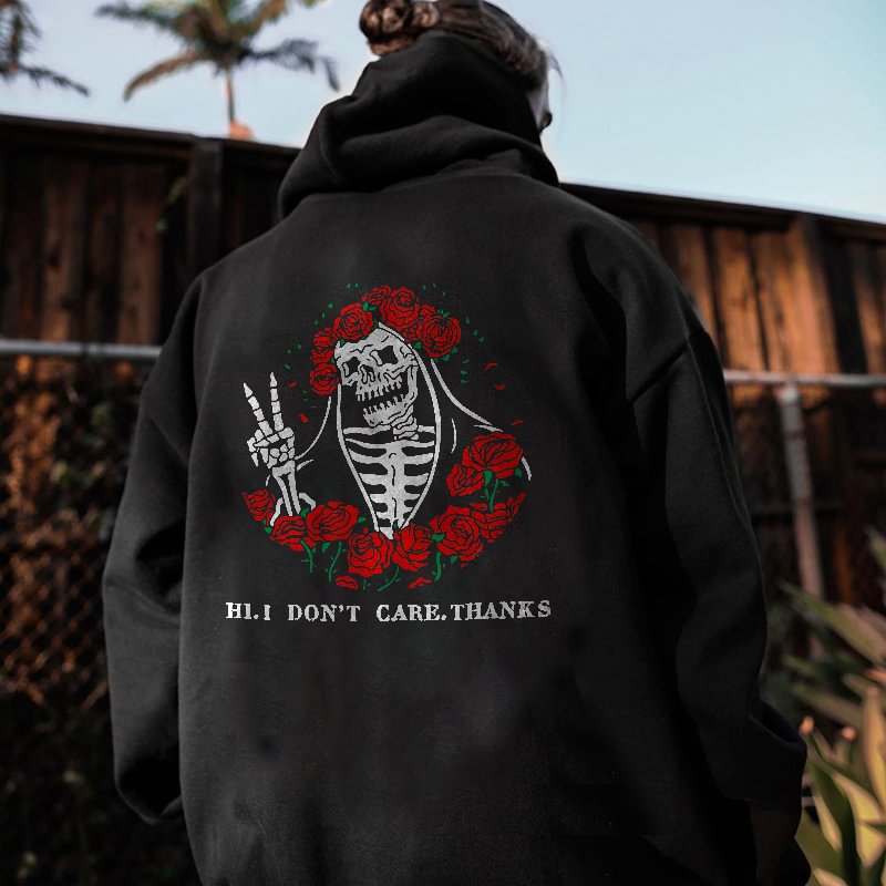 Hi I Don't Care Thanks Skeleton With Red Roses Men's Hoodie -  