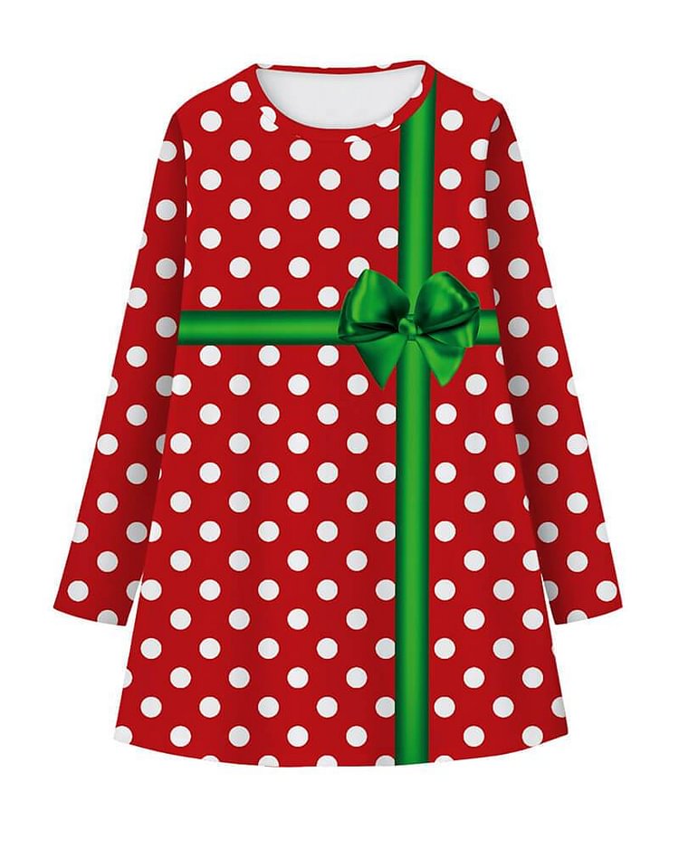 Mayoulove Red Polka Dot Gift Ribbon Print Girls Long Sleeve Christmas Dress-Mayoulove