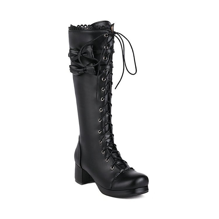 Lolita Round Toe Chunky Heel Bowknots Straps Lace Up Boots