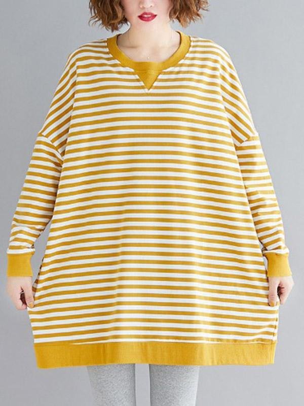 Loose Yellow And White Stripe Sweatshirt Dress