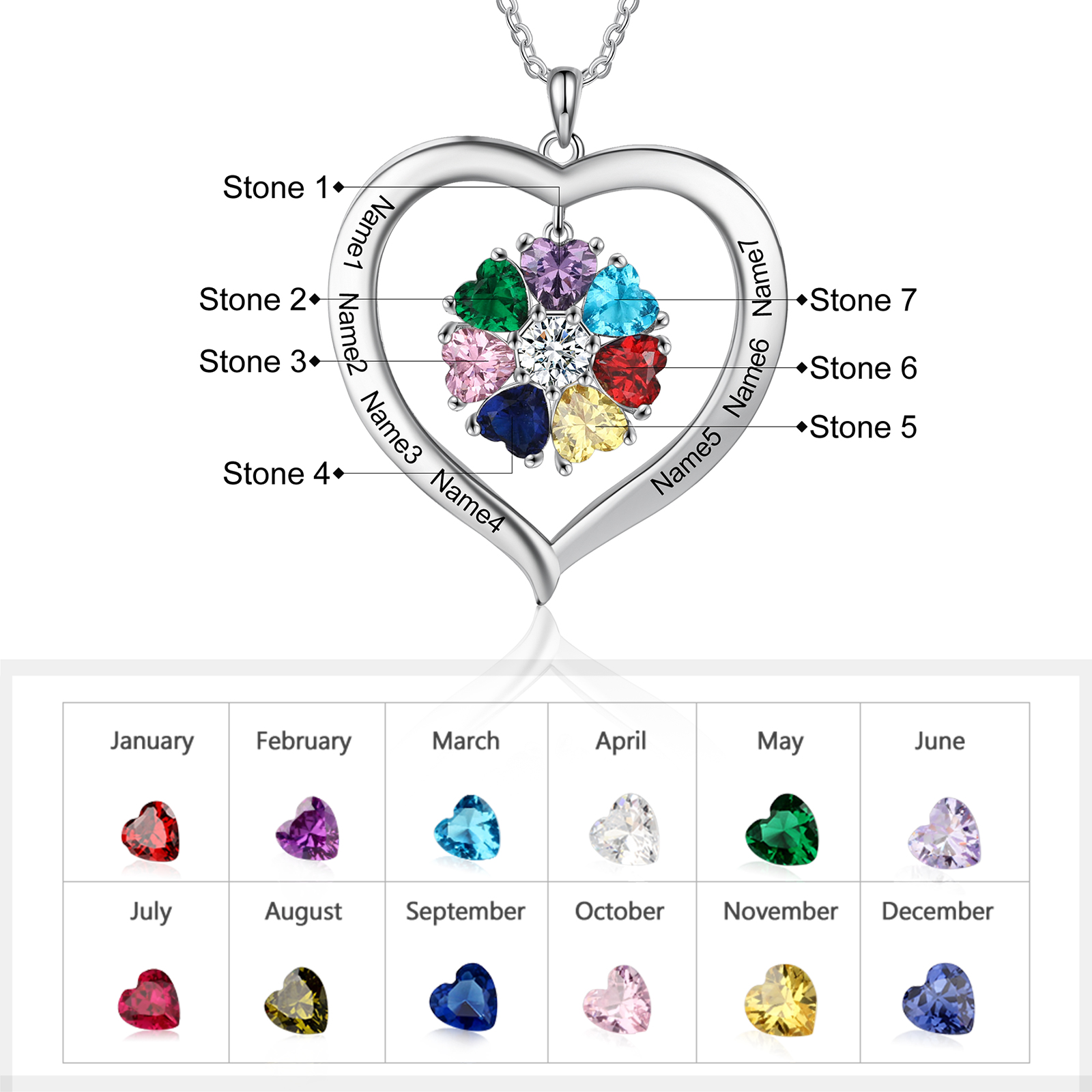 Personalized Heart Pendant Necklace with 7 Birthstones Family Necklace