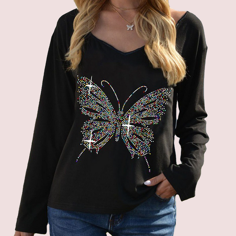 Butterfly Hot Rhinestone V-neck Loose T-shirt-Mayoulove
