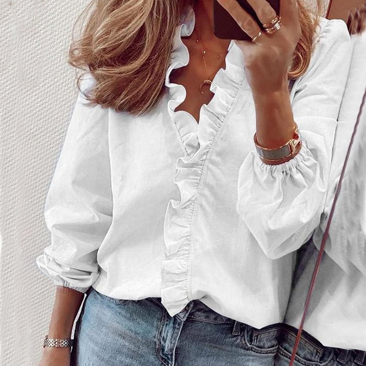 Casual Solid Color Ruffled Long Sleeve Fril Blouse