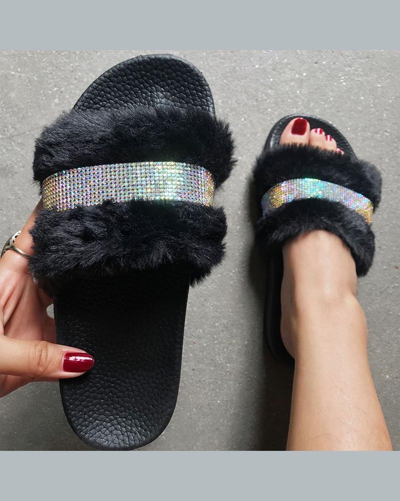 Women's Krystal Glitter Fluffy Upper Platform Slippers Sandals-Allyzone-Allyzone