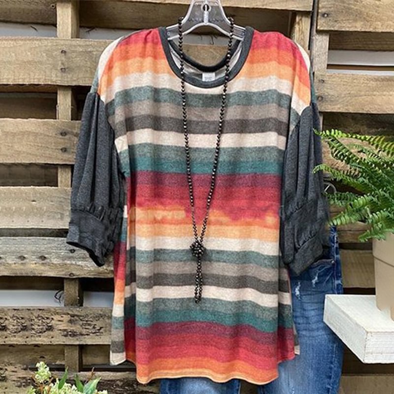Color Block Colorful Striped Style Casual Women’s T-shirt