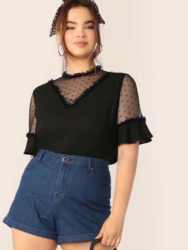 Plus Lace Frill & Mesh Insert Bell Sleeve Top-Corachic