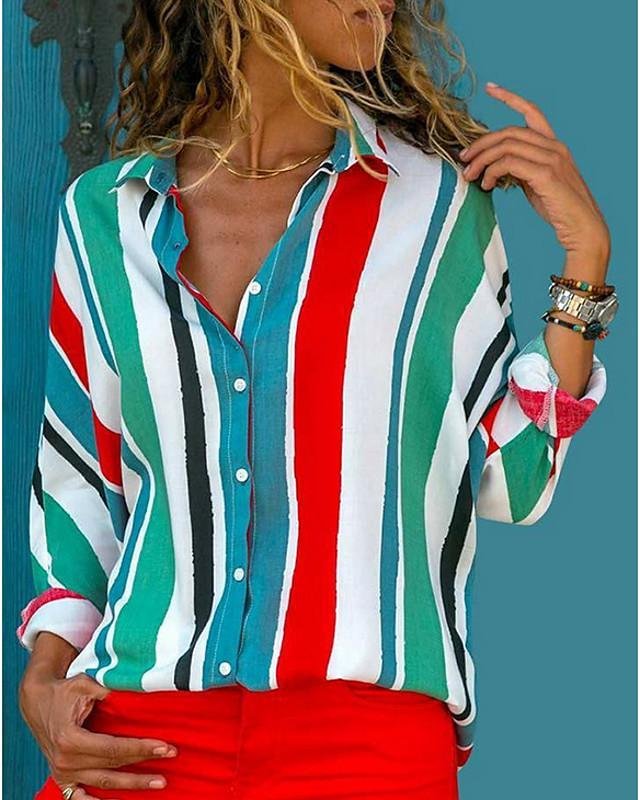 Women's Blouse Shirt Striped Color Block Long Sleeve Shirt Collar Tops Basic Top Blue Orange Royal Blue-0204805-Corachic