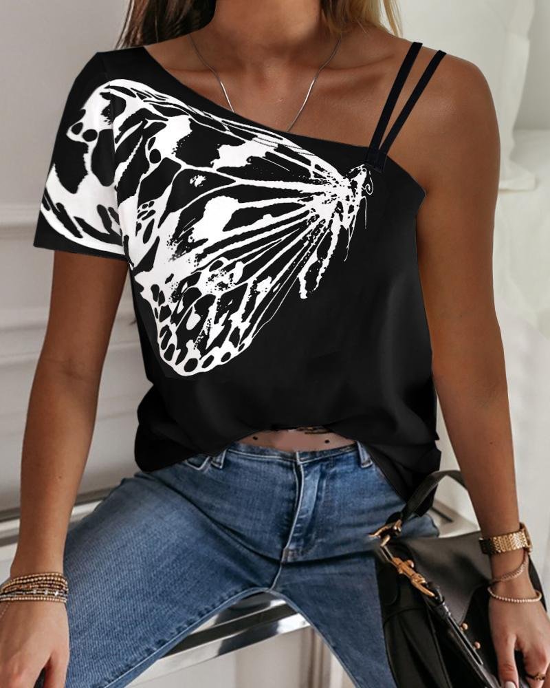 One Shoulder Butterfly Print Casual T-shirt P13714