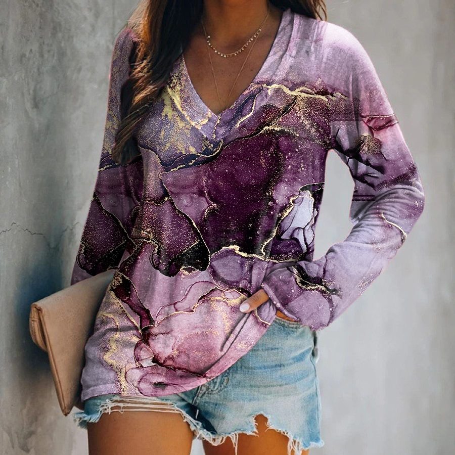Women's Marble Tie-dye Printing Graphic  Long Sleeve T-shirts