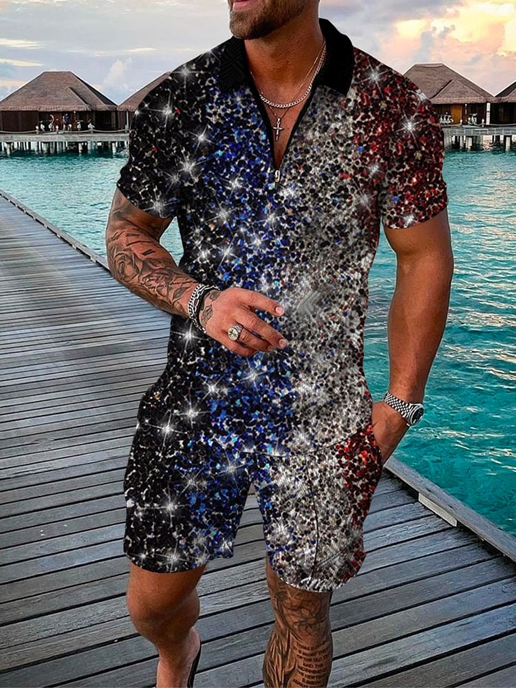 Men's Multi-Color Sequined Printed Polo Suit for Vacation