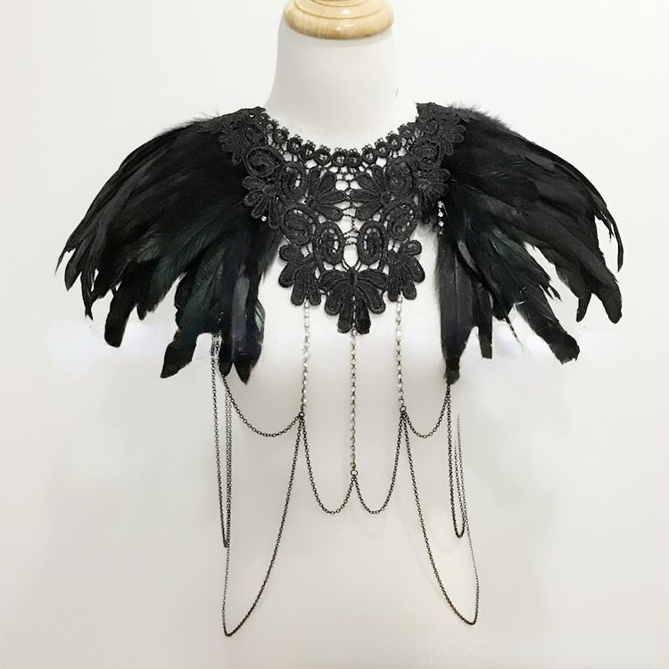 Goth Chain-trimmed Lace Paneled Feather Cape