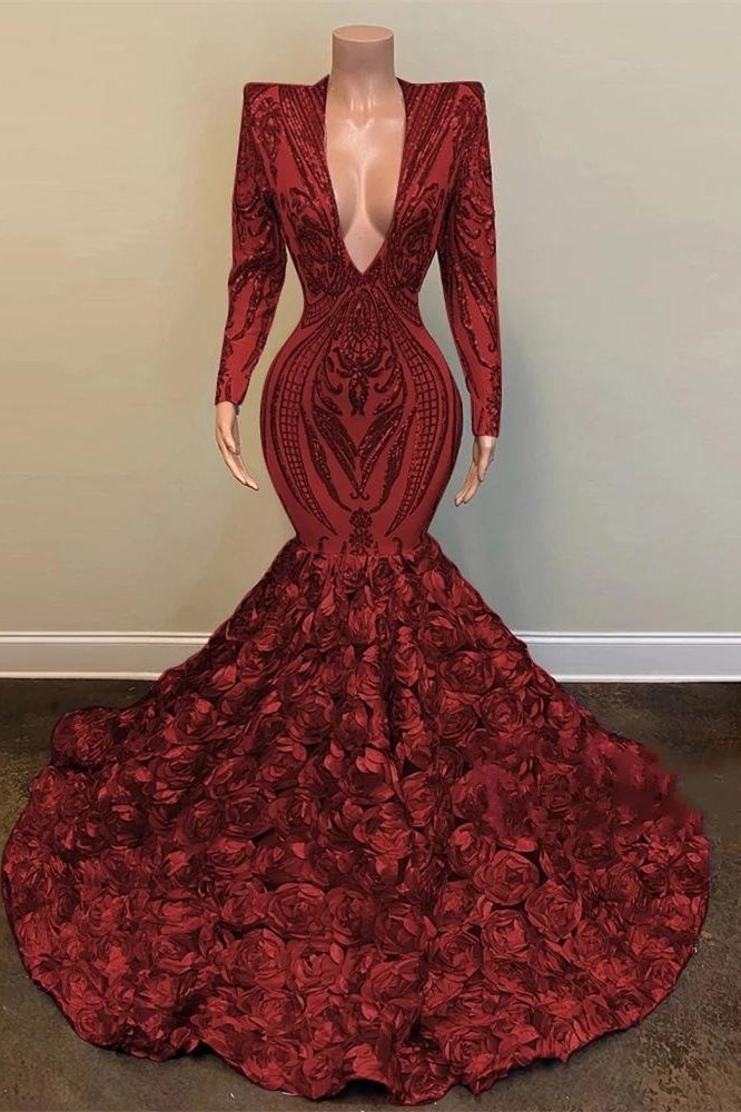 Luluslly Burgundy Sequins Lace Prom Dress Long Sleeves Evening Gowns With Flowers Bottom