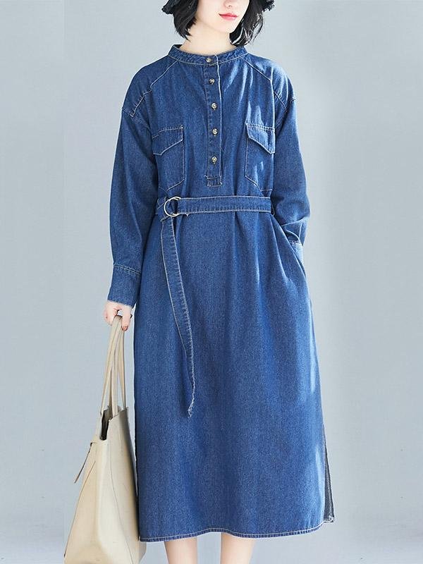 Blue Loose Belt Jean Midi Dress