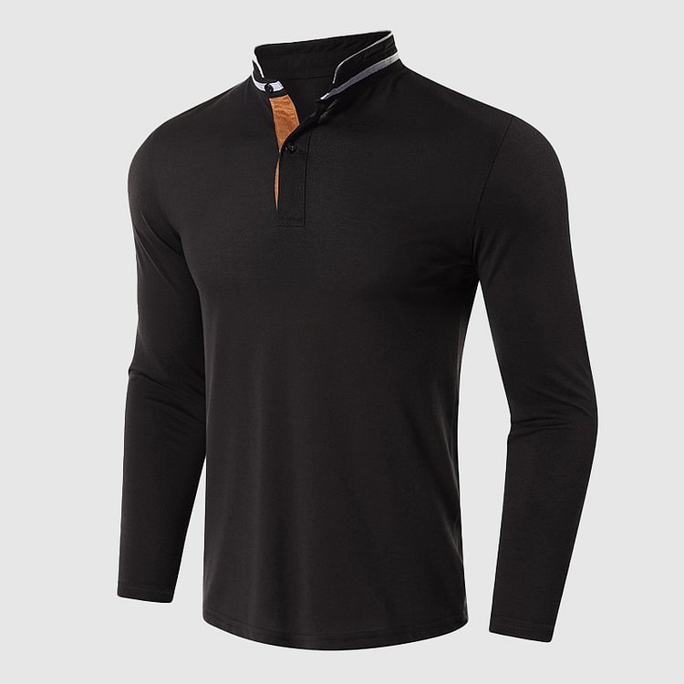 BrosWear Solid Color Long  Sleeve Polo Shirt