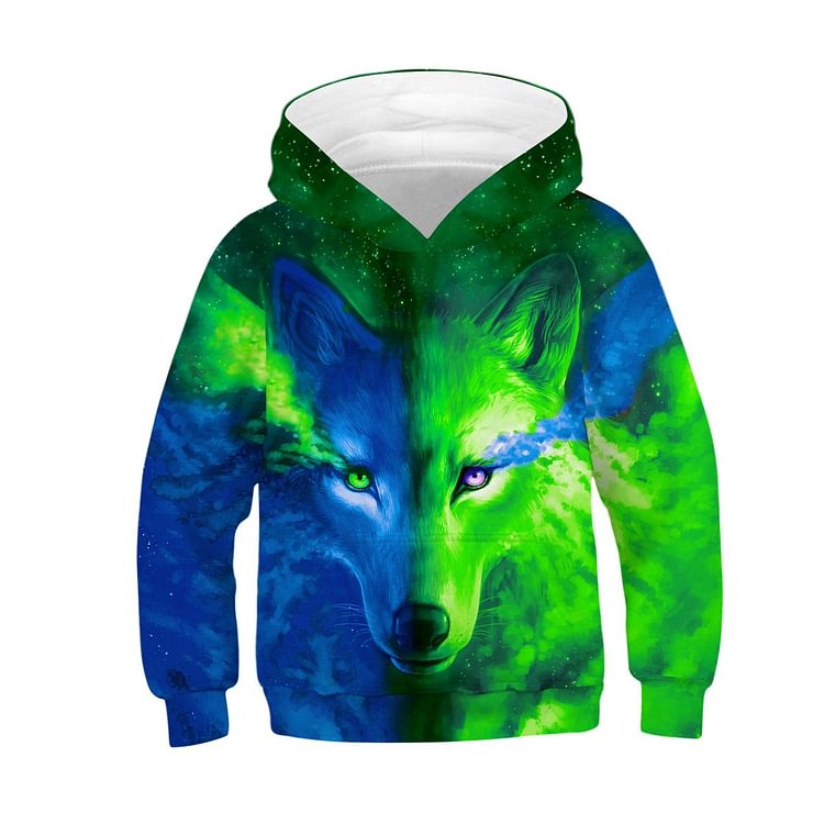 Kids Blue Wolf and Green Galaxy Hoodie-Mayoulove