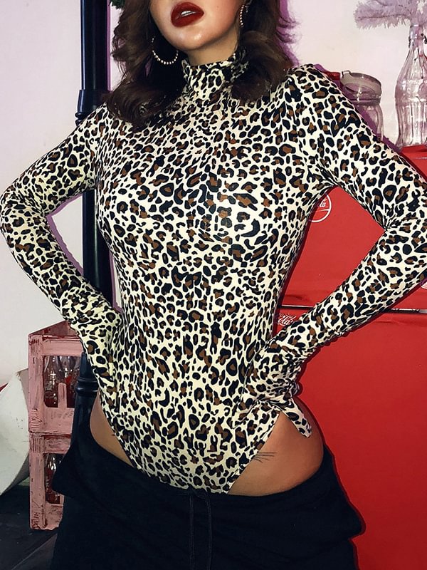Sexy Statement Elegant Leopard Printed Long Sleeve Bodysuit with Gloves