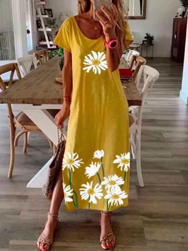 Women's hem split daisy print dress-Mayoulove