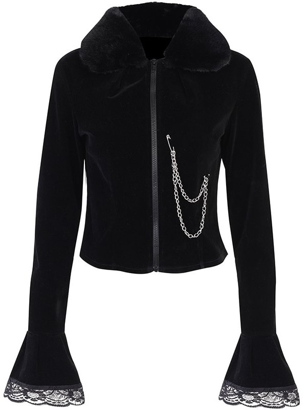Velvet Black Lace Paneled Fur Collar Long Bell Sleeve Zip Up Slim Jacket