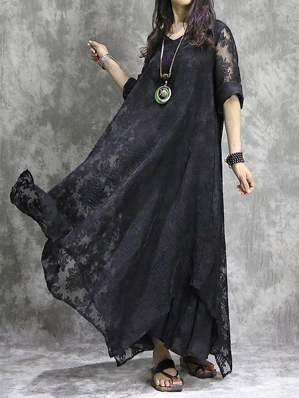 Black False-two Hollowed Pure Maxi Dress