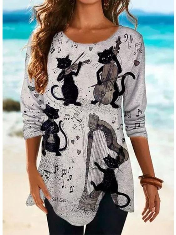 Cat Round Neck Long Sleeve Casual T-shirts-Mayoulove
