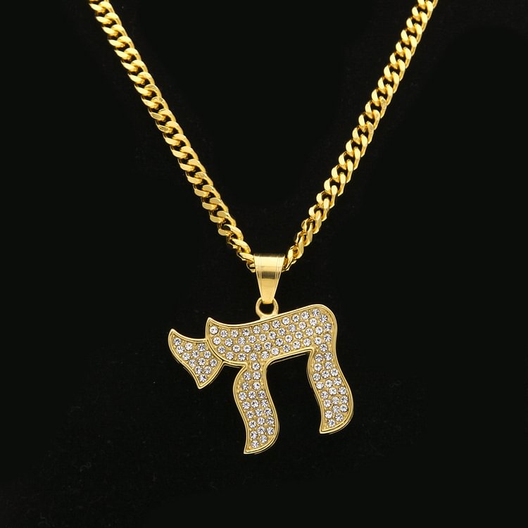 Iced Out Jewish Symbol CHAI Pendant Gold Necklace Jewelry