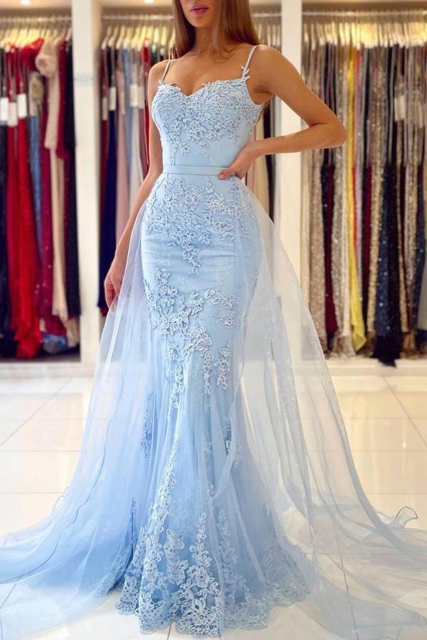 Luluslly Sky Blue Spaghetti-Straps Lace Prom Dress Mermaid Long Evening Gowns