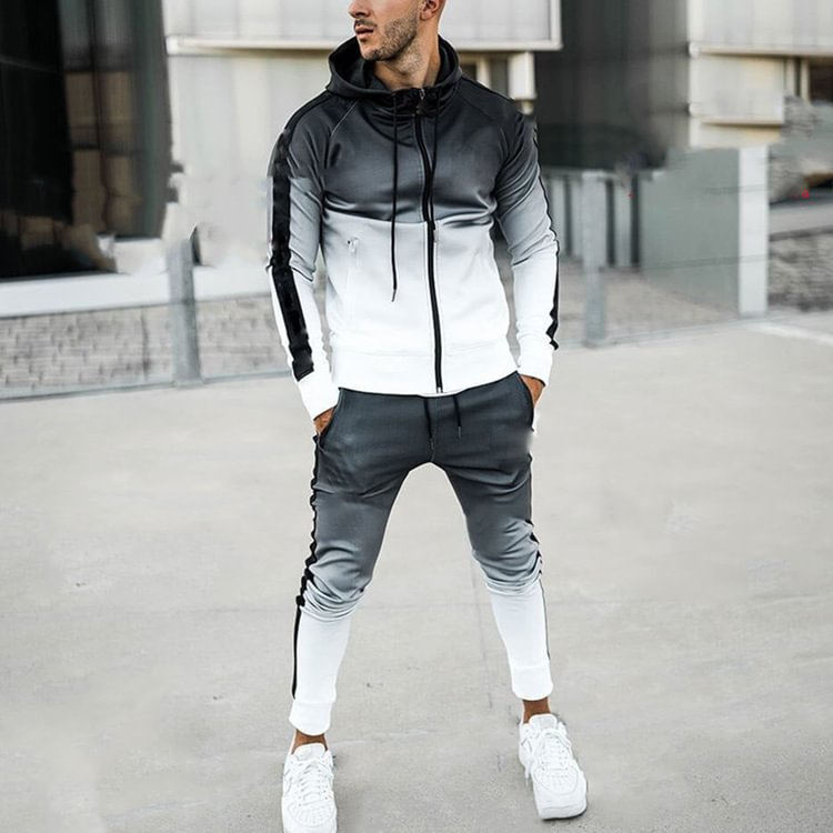 BrosWear Casual Gradient Hooded Tops Tracksuit Daily Two-piece Set White gradient	