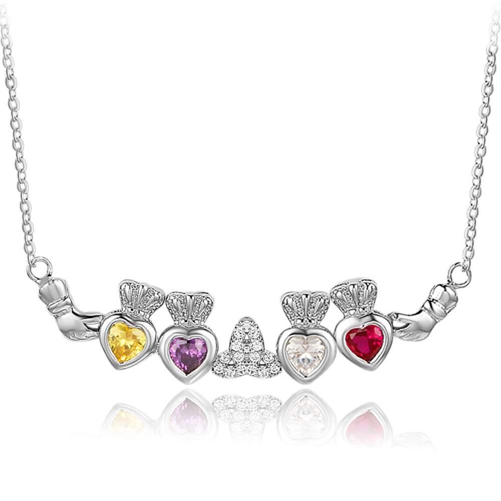 S925 Sterling Silver Personalized Claddagh Necklace with 4 Birthstones
