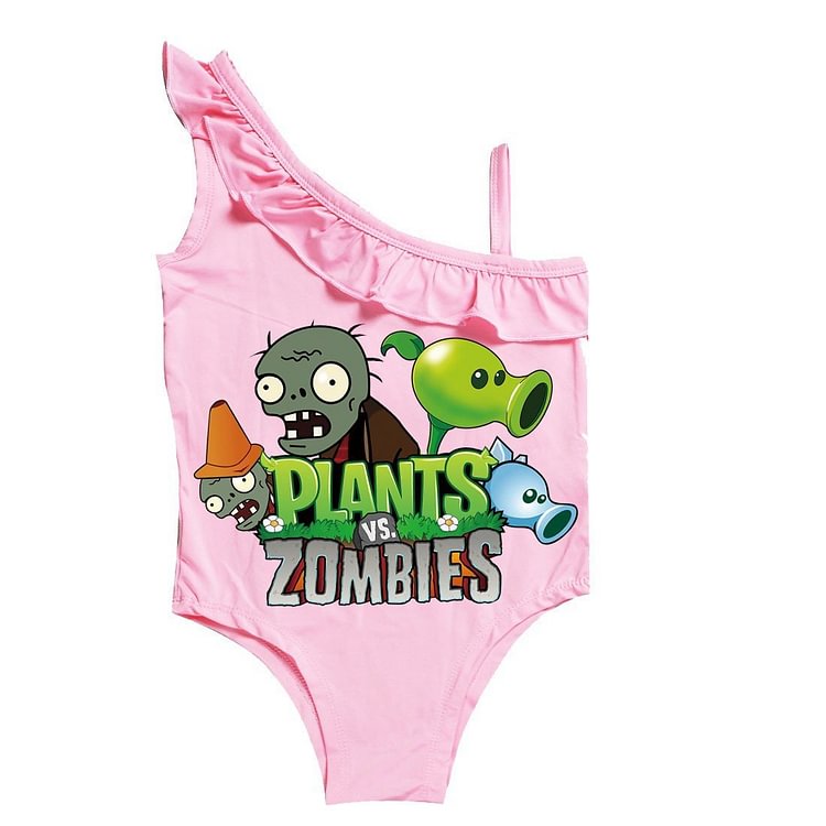 Mayoulove Plants Vs Zombies Print Little Girls Ruffle One Piece Swimsuit-Mayoulove
