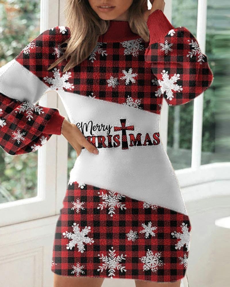 Christmas Print Lantern Sleeve Plaid Sweater Dress P10820