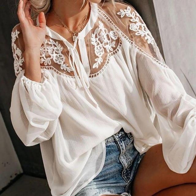 Sexy Lace Mesh Shirt Embroidery Patchwork Women Casual Long Sleeve Tops Chiffon Blouse-Corachic