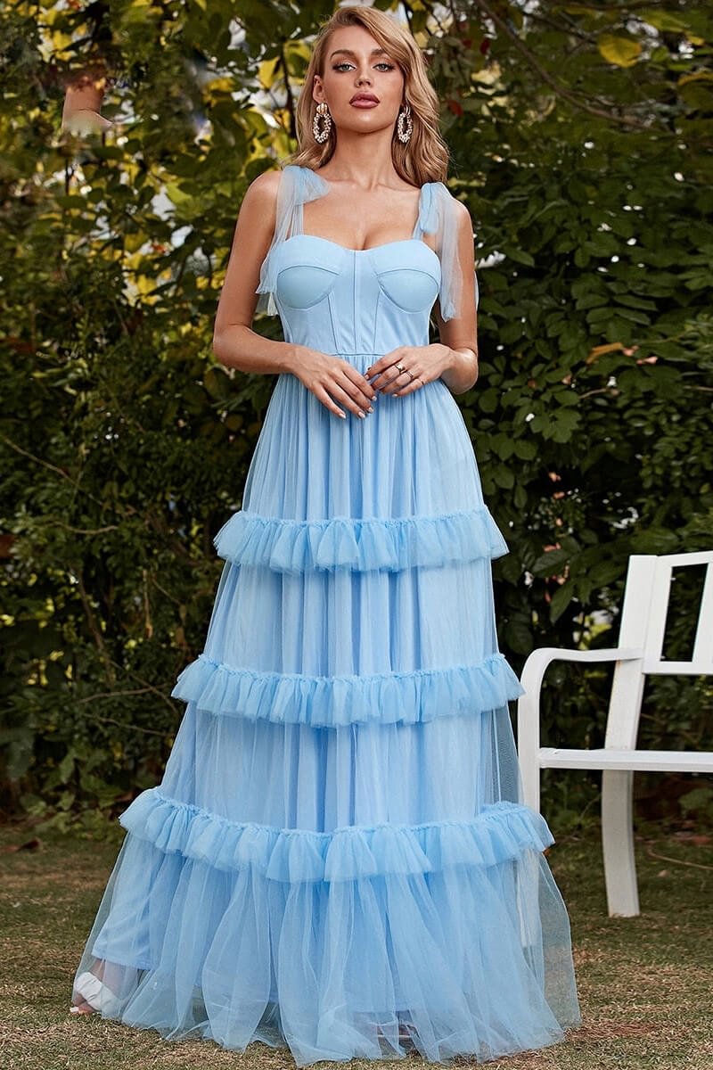 Luluslly Sky Blue Straps Sweetheart Evening Dress Long Tulle Layered