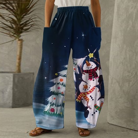 Womens Snowman Printed Navy Blue Loose Pants
