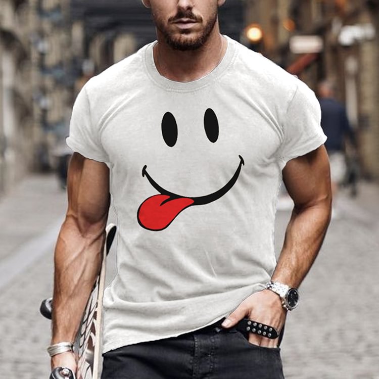 BrosWear Smiley Tongue Out Novelty Printed Short Sleeve T-shirt