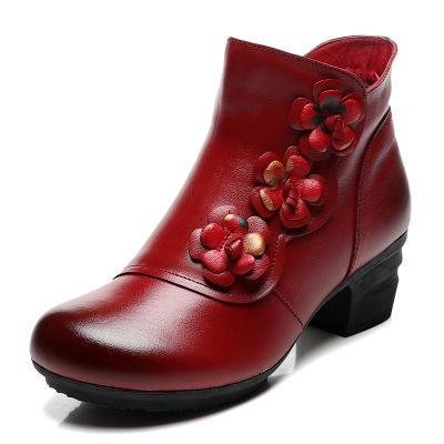 Cow Genuine Leather Winter Boots Soft Flower Comfortable Warm Spare Heel Ankle Boots-Corachic