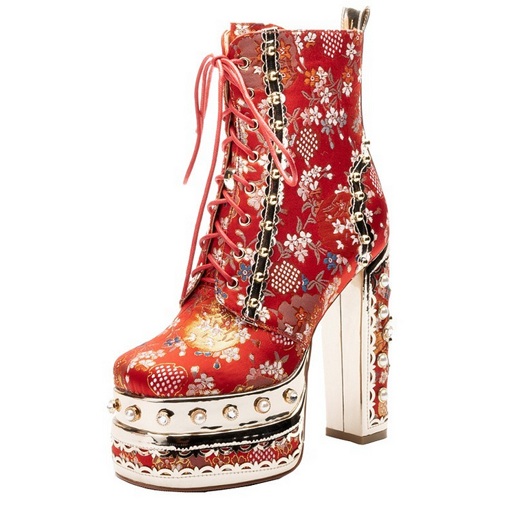 Wedding Fashion Hand-set Diamonds Rhinestone Red Silk Lace Up Platform Chunky Heel Ankle Boots