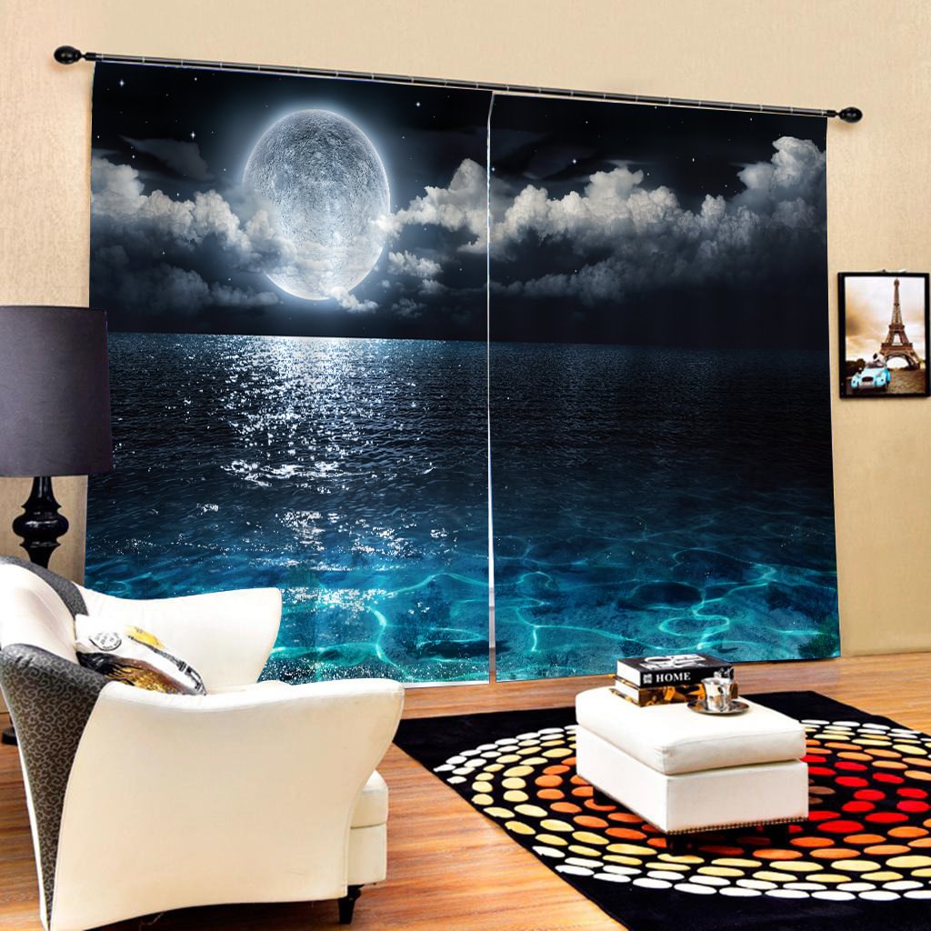 3D Curtain Moon Night Sea Surface, Romantic Night - vzzhome
