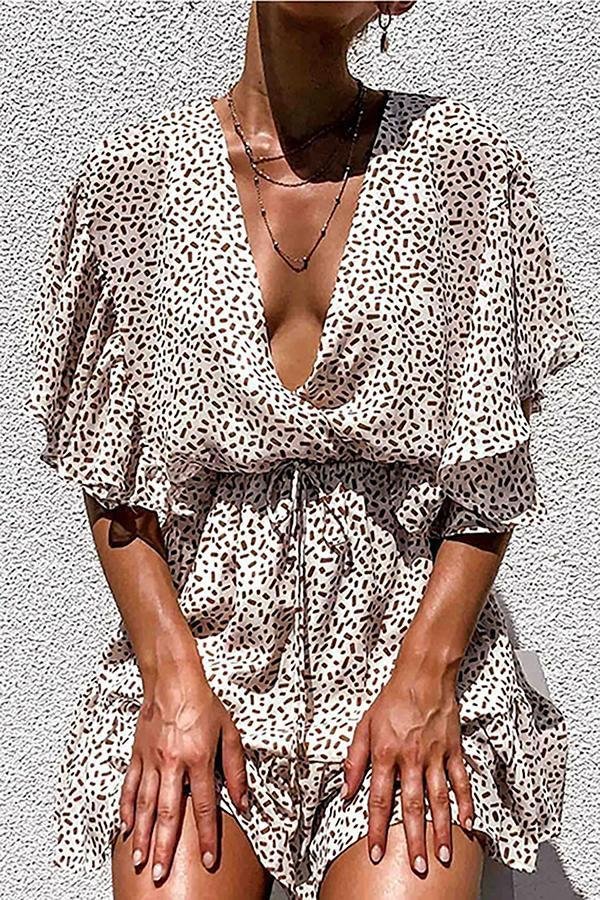 Womens Striking Deep V Neck Leopard Print Flounce Sleeves Dress-Allyzone-Allyzone