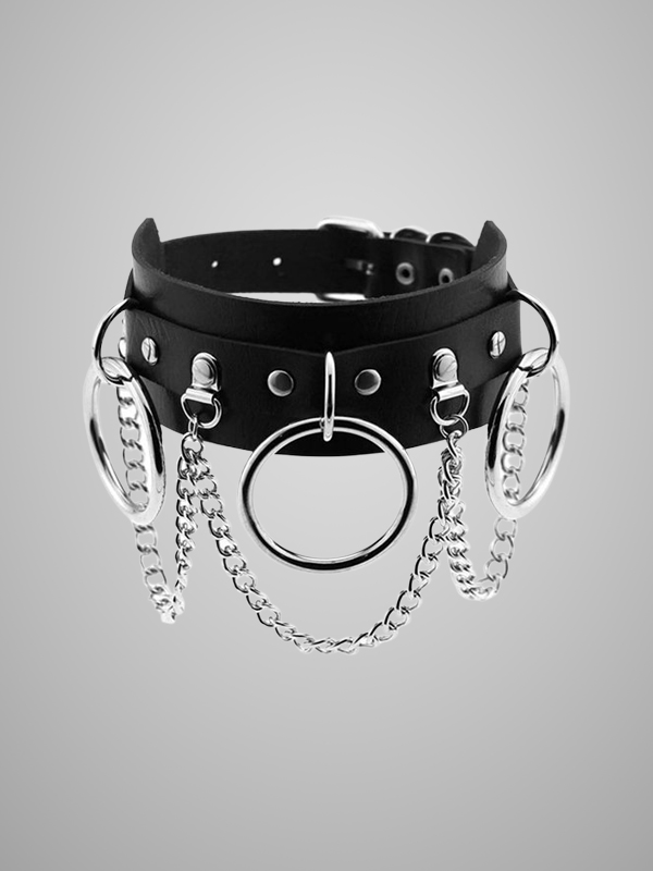 Gothic Fashion Black Chains Rings Double Layer Punk Pu Choker 