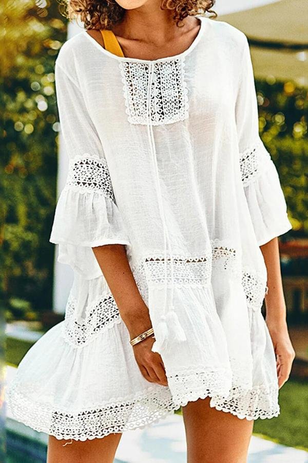 Women Beach Blouse Lace-up Hollow Crochet Sunscreen Dress-Allyzone-Allyzone