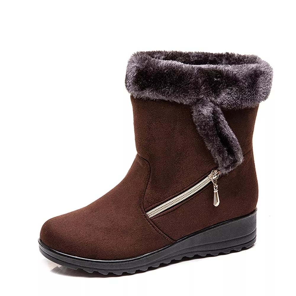 Women Suede Warm Lined Mid Calf Solid Color Wedges Winter Snow Boots - vzzhome