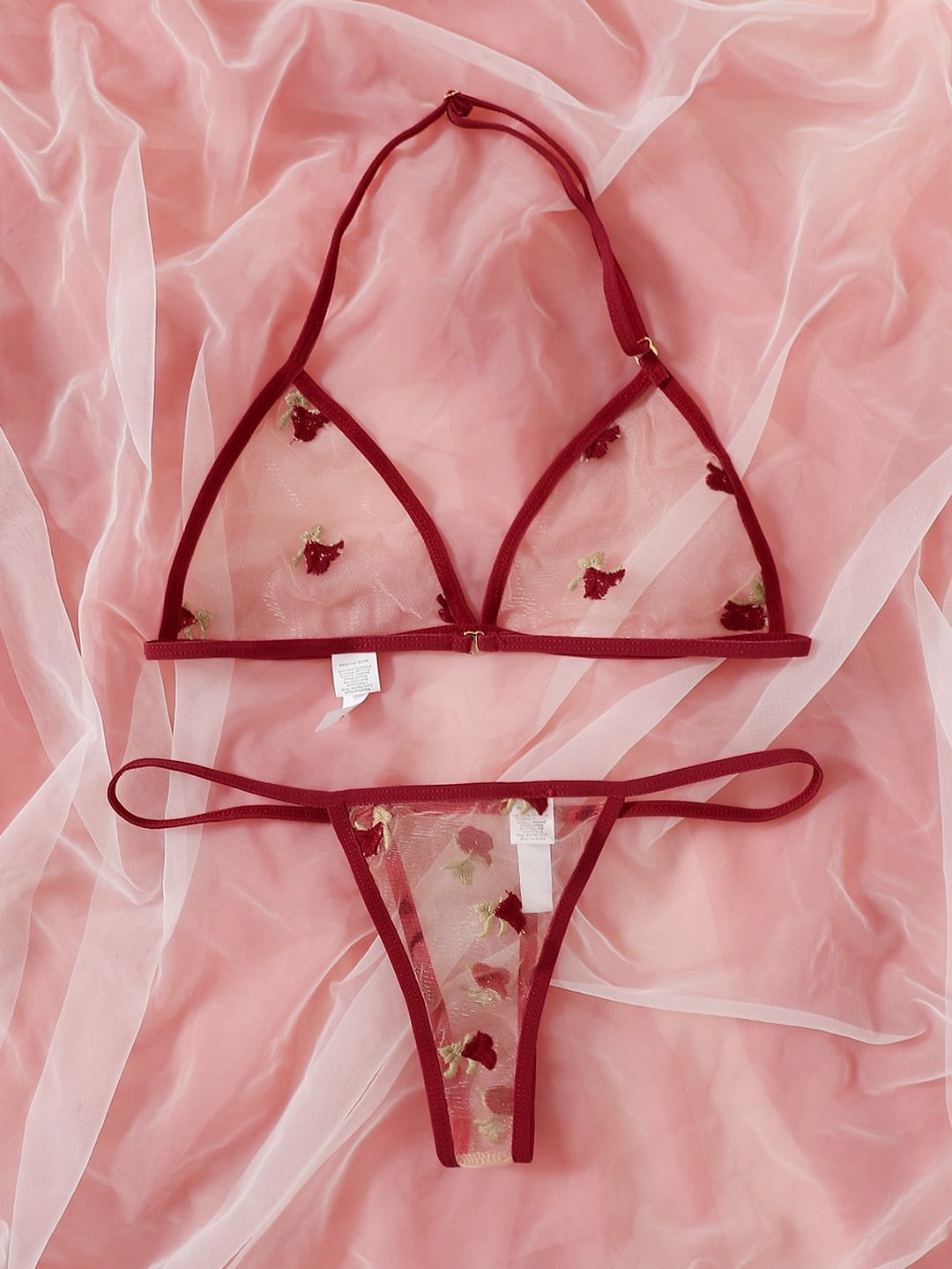 Embroidered Mesh Triangle Lingerie Set-Icossi