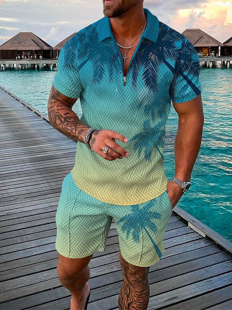 Men's Holiday Gradient Coconut Tree Printed Polo Suit