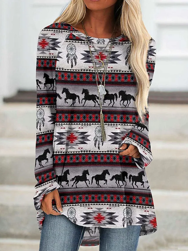 Women's Bohemian Geometric Plaid Color Block Tribal Print Round Neck Ethnic Vintage T shirt