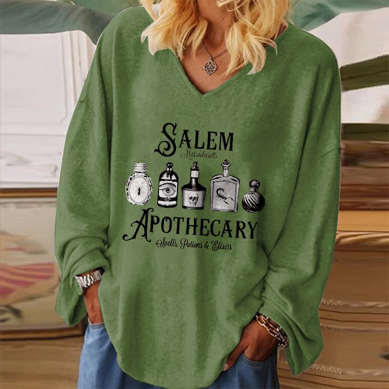 Salem Apothecary Print Women's Loose Long-sleeved T-shirt