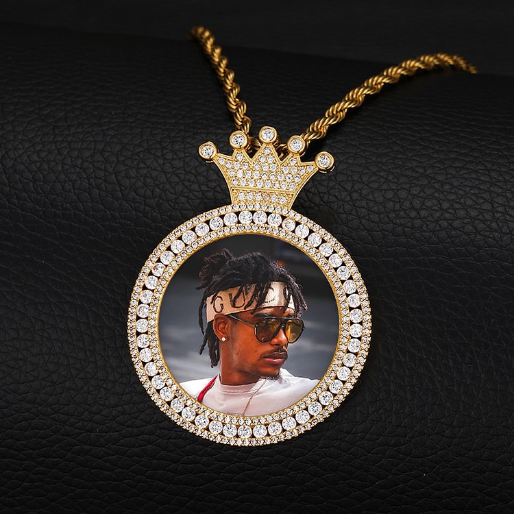 Custom Photo 18K Gold Plated Crown Pendant Necklace Hip Hop Rock Jewelry