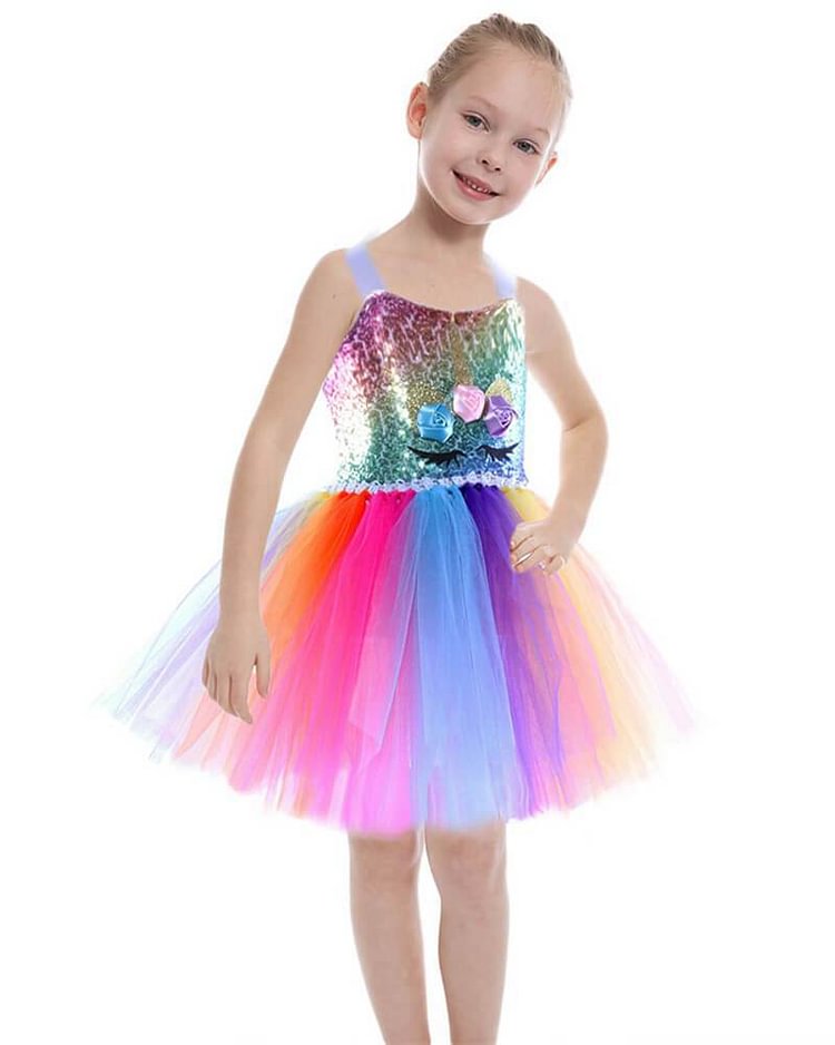 Girls Rainbow Sequins Tulle Unicorn Dress Party School Play Costume-Mayoulove