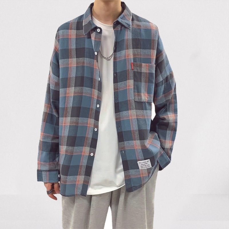 Free Shipping Spring And Summer Trend Plaid Shirt Men's Handsome Casual Jacket Loose Long-sleeved Plus Size Jacket Men / Techwear Club / Techwear