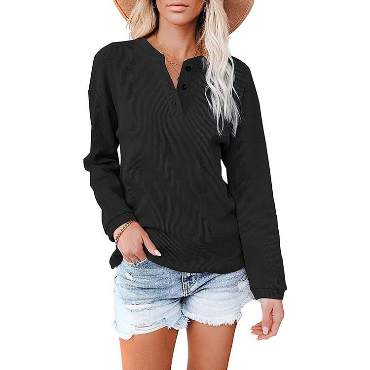 New V-neck Solid Color Long-sleeved Top T-shirt-Mayoulove